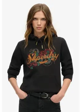 Superdry für Damen. W2012130A Kapuzensweatshirt mit Tattoo Script Grafik
 schwarz (S), Lässig, Baumwolle, Nachhaltig