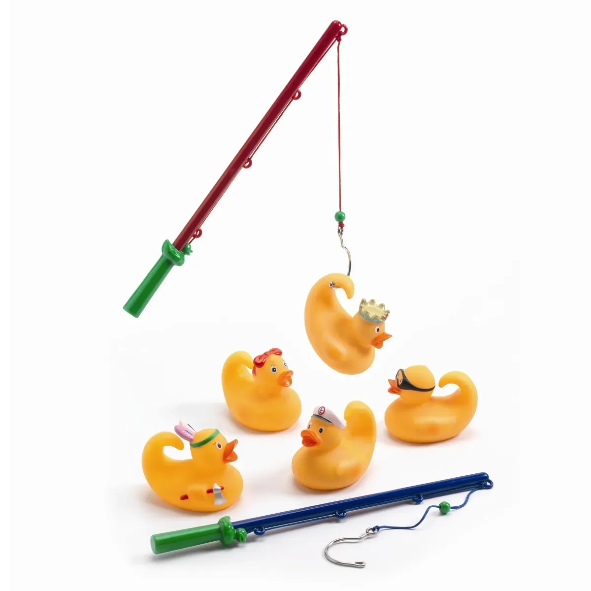 Badeenten, 5 Stück Gelb 8 cm + 2 Angelruten
