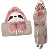 Faultier Decke mit Ärmeln, Superweiche Faultier Tragbare Kapuzendecke, Gemütlicher Plüsch Flanell Fleece Hoodie Wurf Mantel Wrap mit Klauen