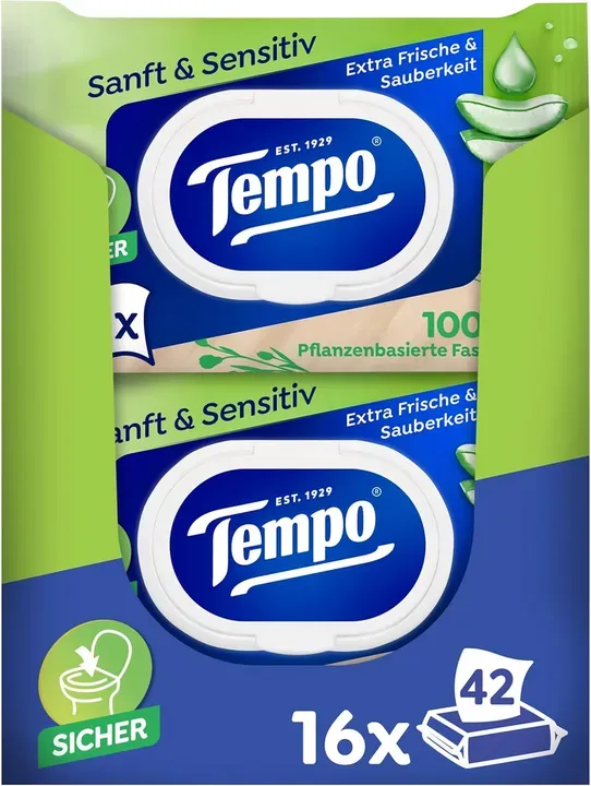 TEMPO Feuchtes Toilettenpapier Gentle Sensitive 16 Packungen mit 42 Tüchern