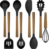 8-Teiliges Küchenhelfer Set, Silikon Küchenutensilien Kochlöffel Set mit Holzgriff und Loch für Kochen und Backen, Antihaft Hitzebeständiges Küchenhelfer, Schneebesen, Spatel(Schwarz)