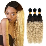 Hxxcoup Echthaar Tressen Blonde Human Hair Bundles Brazilian Curly Wave Hair Bundles 1B/4/613 Blonde Bundles Human Hair 100g/pc Brazilian Remy Hair 3 Bundles for Woman 10 12 14 Zoll