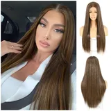 Sapphirewigs Braun Lange gerade Perücke für Frauen Glanzlichter Spitze vorne Perücken mit mittelTeil japanische synthetische Haare 150% Dichte Täglich Halloween Weihnachten hitzebeständig 26 inch
