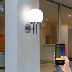 Wandleuchte Wandlampe Kugelleuchte Außenleuchte Eingangs Beleuchtung Smart LED Edelstahl, Kunststoff weiß, App Steuerung, 1x 9 Watt 806 lm, HxB 31,5x20 cm