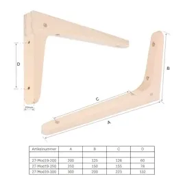 MS Beschläge 300mm x 200mm Montagewinkel Buche Regalträger Wandkonsole Hartholz