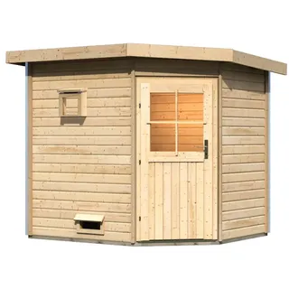 Karibu Gartensauna Pultdach Saunahaus Mikka mit Eckeinstieg-Ohne Ofen-Klassische Saunatür (Klarglas)