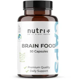 Nutri + Konzentrations Tabletten - Brain Booster 50 Kapseln - Gehirn Fokus Leistung - Supplement mit Koffein, Cholin, Ginseng - Brainfood vegan