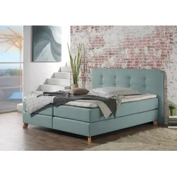 Boxspringbett HOME AFFAIRE "Cecina", blau (petrol), B:122cm L:210cm, Struktur fein (100% Polyester), Komplettbetten, Boxspringbett, in 5 Breiten, 3 Ausführungen, 2 Härtegrade, Knopfheftung, Topper