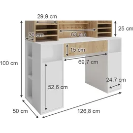 Vicco Schreibtisch Basteltisch XL 126.8 x 50 cm, Weiß Sonoma mit Regale, Schubfach