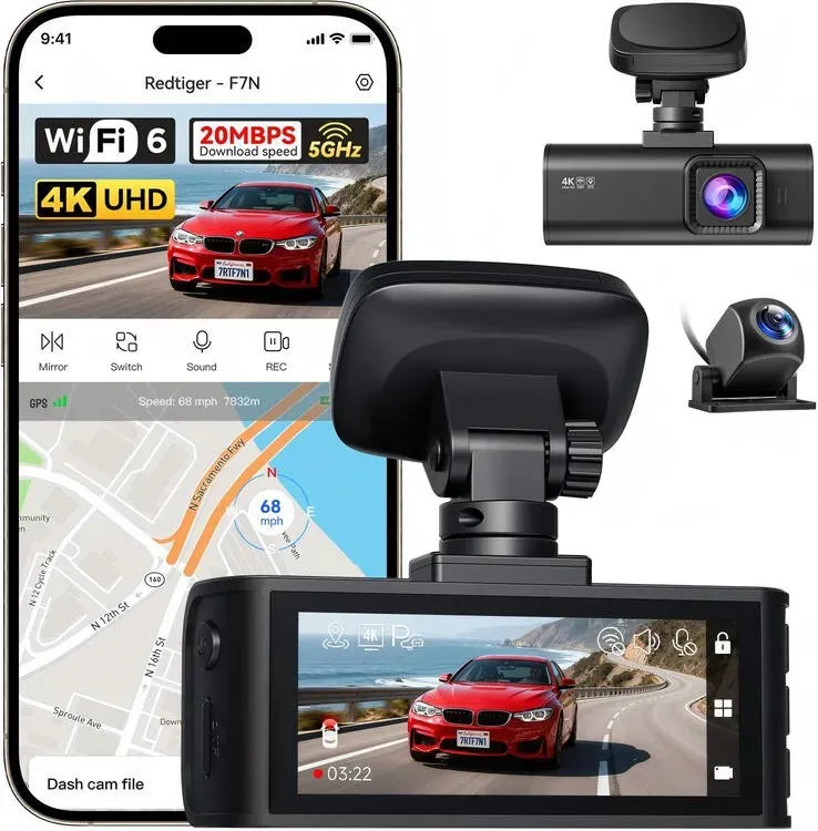 REDTIGER F7N-N 4K Dashcam vorne und hinten, 5,8 GHz WLAN – 20 MB/s schneller Transfer per App, 2160P/FHD Autokamera mit präzisem GPS, WDR, 3,18
