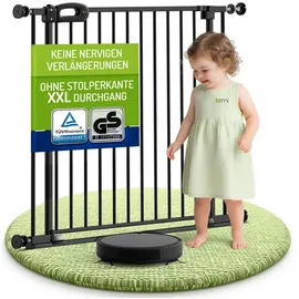 Bomi Türschutzgitter Treppenschutzgitter Merle Flatstep, Babygitter flacher Steg, 63-217 cm (verschiedene Größen, klemm- & verschraubbar), 2-Wege-Öffnung, geprüftes Kindergitter, extra breiter Durchgang schwarz 149 cm x 77 cm