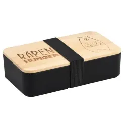 Kesper Brotdose "Bären Hunger", graviert, zertifiziertes Bambus, Praktische und nachhaltige Brotbox mit Gummiband für einen stabilen Transport, Farbe: schwarz, Maße (L x B x H): 18,5 x 10,5 x 5 cm