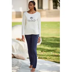 Pyjama LASCANA, Damen, Gr. 40/42, blau (dunkelblau), Single Jersey, Obermaterial: 50% Baumwolle, 50% Viskose, gestreift, bedruckt, unifarben mit Farbeinsatz, casual, bequem lang, Rundhals, Langarm, Homewear-Sets, mit Flockdruck