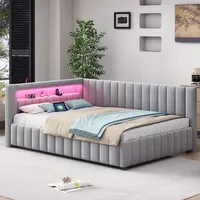Merax Polsterbett Schlafsofa 140x200 cm, mit LED Beleuchtung und USB Ladeanschluss, L-förmiges Design mit Rückenlehne und Kopfteil, Samtstoff, Hellgrau (Ohne Matratze)