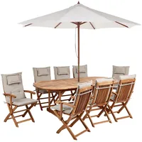 Beliani Gartenset Akazienholz Heller Holzfarbton mit Auflagen beige Sonnenschirm Maui II