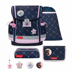 Belmil Classy Plus Schulranzen-Set 5-teilig Midnight Gallop mit Brustgurt, Magnetverschluss, Patch Set 3 Stück Midnight Gallop Schulrucksack