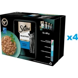 SHEBA Selection 48x85 g: Nassvollnahrung für adulte Katzen mit Lachs und schwarzem Kabeljau, Weißfisch, Meeresfisch, Kabeljau in Sauce