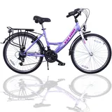 26 ZOLL MÄDCHENFAHRRAD SHIMANO 21GANG 26" FAHRRAD LILA-WEISS MIT BELEUCHTUNG TMX