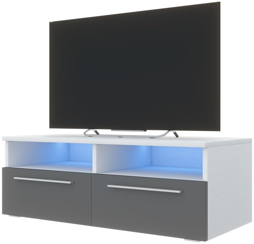 Selsey PHIRIS - TV-Schrank, modernes TV-Board mit Hochglanzfronten und LED-Beleuchtung, stehend 100 cm breit (Weiß Matt / Grau Hochglanz)