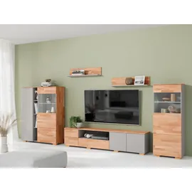 OTTO home Wohnwand OTTO HOME, braun (braun und grau), B:370cm H:145cm T:35cm, Holzwerkstoff, Massivholz, Kastenmöbel-Sets, Wohnwand, schöne moderne Optik