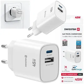 Swissten Edge GaN 1x USB-C PD 45W + 1x USB-A 18W QC Weiß