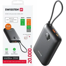 Swissten Swissten, Externer Akku 20000mAh Integrierte USB-C Lightning-Kabel LED-Anzeige, Schwarz