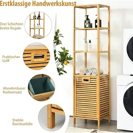 Costway Badezimmer Hochschrank mit Wäschekorb, Badezimmerschrank aus Bambus mit Regalen, Wäscheschrank Badschrank Badregal ideal für Bad Schlafz...