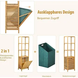 Costway Badezimmer Hochschrank mit Wäschekorb, Badezimmerschrank aus Bambus mit Regalen, Wäscheschrank Badschrank Badregal ideal für Bad Schlafz...