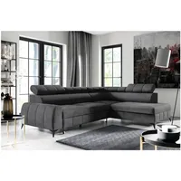 M-Punkt Wohnlandschaft Ecksofa LAGOS Samt Grau Anthrazit mit Bett Bettkasten Kopfteilverstellung Bett Sofa Schlafsofa Ottomane rechts