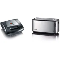 SEVERIN Sandwich-Toaster, 3-in-1 Funktion (Sandwich-, Grill-, Waffelplatte), 1.000 W, SA 2968, EDS-geb./ schwarz & AT 2509 Automatik-Toaster (1.400 W, 2 Langschlitzkammern) Edelstahl/schwarz