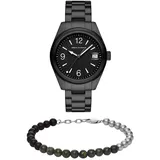 Armani Exchange Herren Schwarze Edelstahl-Uhr und Silber-Ton Armband, Set