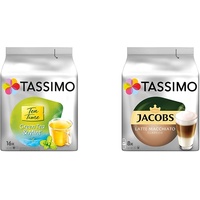 Tassimo Kapseln Tea Time Grüner Tee mit Minze, 5er Pack (5 x 16 Getränke) & Kapseln Jacobs Typ Latte Macchiato Classico, 40 Kaffeekapseln, 5er Pack, 5 x 8 Getränke