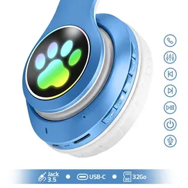 Avizar Bluetooth Kinderkopfhörer Katzenohren Weiß/Blau