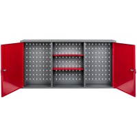 Kreher Werkstattschrank aus Metall mit 2 abschließbaren Türen, zwei höhenverstellbaren Einlegeböden und einer Lochwand. Lackiert in Rot. Maße BxTxH ca.: 120 x 19 x 60 cm.