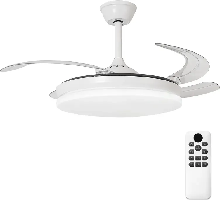 Parrot Uncle 42-Zoll-Deckenventilator mit Licht und einziehbaren Flügeln, 36W DC-Motor, Weiß - Rundes Design