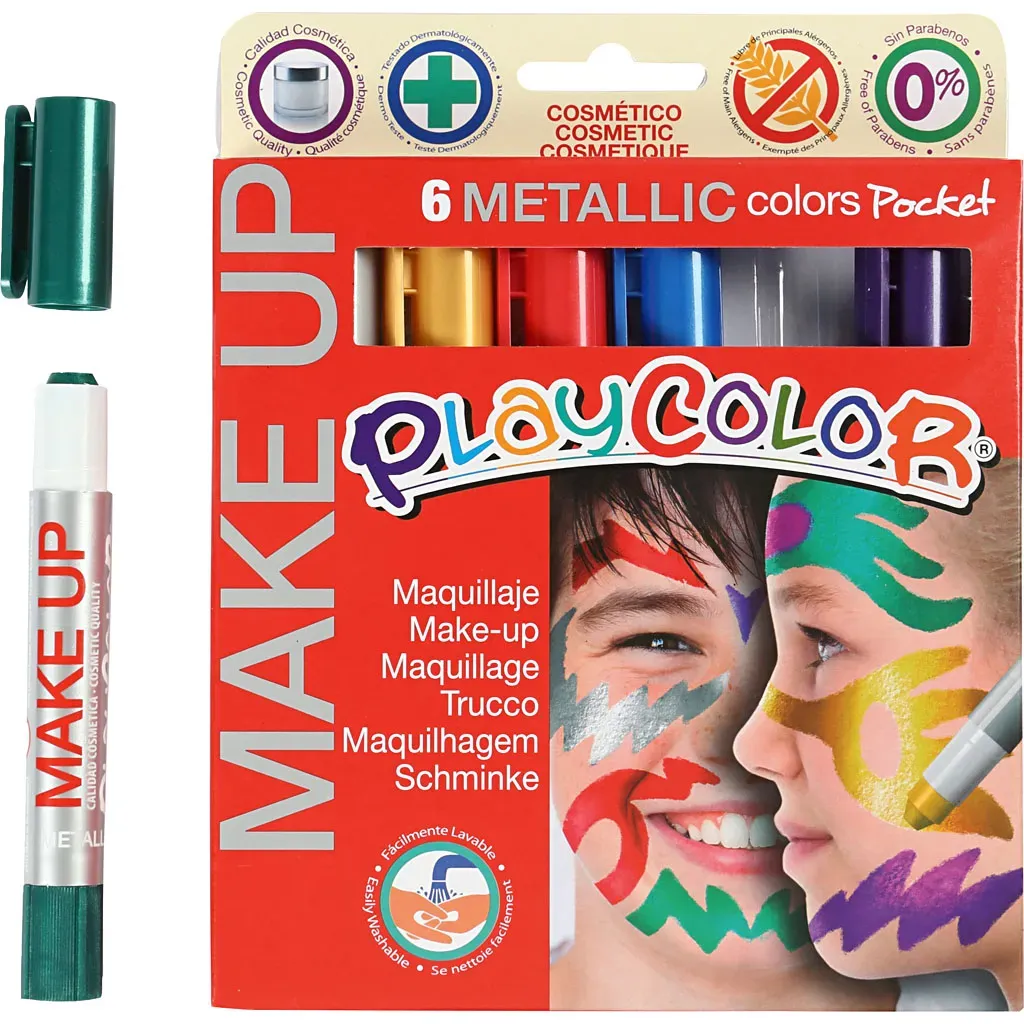 Kinderschminke Schminkstifte Metallic 6 Stk Gold, Silber, Kupfer, Roségold, Grün, Blau Wachs - PlayColor - Abwaschbar, für Kinder