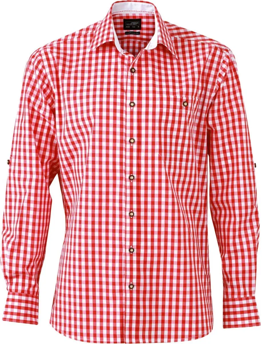 James & Nicholson Herren Popeline Karo Trachten Hemd JN638 red/white S