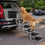 Hundetreppe Auto Klappbar – 4, 5 oder 6 Stufen für niedrige bis hohe Kofferraumhöhen (63–81 cm) – Für Kleinwagen, Kombi & SUV – Einstiegshilfe für große Hunde ohne Springen, Alternative zur Hunderampe