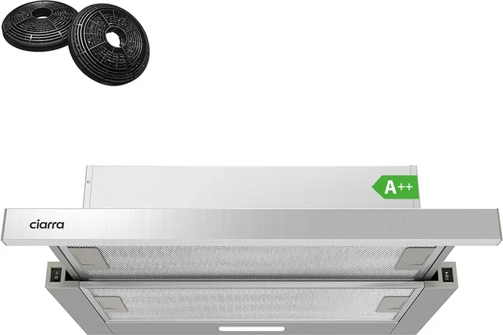 CIARRA 60 cm Unterbau-Flachschirmhaube, leistungsstarke Dunstabzugshaube 370 m3/h, Silber, Energieklasse A++