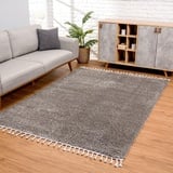 Carpet City Teppich Wohnzimmer - Shaggy Hochflor Grau - 160x230 cm Einfarbig - Moderne Teppiche mit Fransen