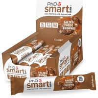 PhD Nutrition Smart Bar Protein Riegel, Protein Snack mit 20g Eiweiß und kaum Zucker / Makrofreundlicher Riegel für unterwegs, 12er Packung mit 64g Riegel, gesalzener Karamell-Brownie Geschmack