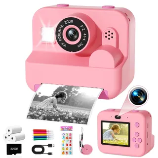 GKTZ Sofortbildkamera für Kinder - Geburtstag Geschenk für Mädchen im Alter von 4 5 6 7 8 9 10 Jahren, Spielzeug mit 3 Rollen Fotopapier 1080P Fotoapparat Kinder Kamera mit Druckpapier - Rosa