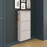 furni24 Schuhschrank Schmal – Platzsparender Metall-Schuhschrank mit Magnetklappen, Platz für 6-10 Paar Schuhe, Wandmontierbar und Vormontiert - 3 Klappen, Grau-Massivem Nussbaum