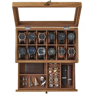 Songmics Uhrenbox mit 12 Fächern, aus Massivholz, walnussfarben