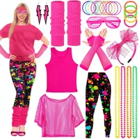 Vautvis 80er Jahre Outfit Damen, 80er Retro Party Outfit, Kostüm Damen 80 er Jahre, Disco Festival Outfits, 90er Kleidung Mit Netzshirt, Leggings, Stirnband, Ohrringe (L)