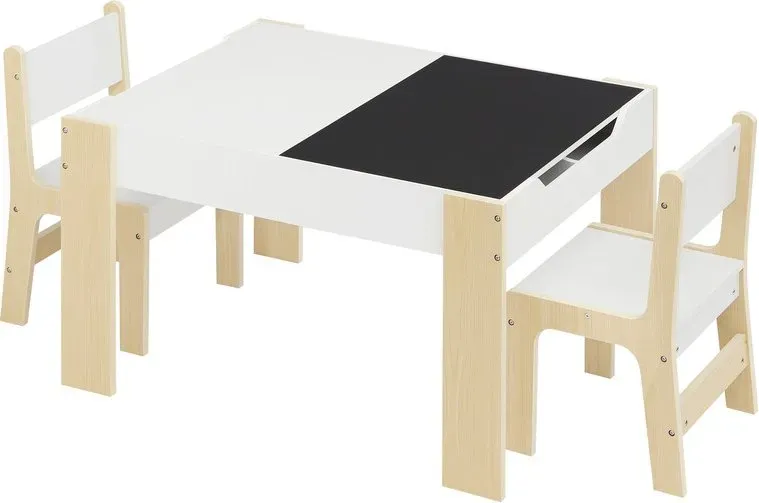 Lestarain Kindertisch-Set mit Aufbewahrungsschubladen, 2 Holzstühlen und Kreidetafel, 81,5 x 60,5 x 48 cm, Weiß/Natur