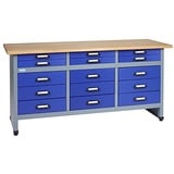 Küpper Werkbank Modell 12977, 170x84x60 cm, 15 Schubladen, 30 mm Massive Buchenarbeitsplatte, 300 kg Tragkraft, Farbe ultramarinblau