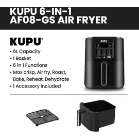 KUPU Heißluftfritteuse, 6L Airfryer, 360°Luftzirkulationstechnologie, 6-in-1 Kompakte Heissluftfritteuse, spülmaschinenfeste Körbe, 1500W - Schwarz