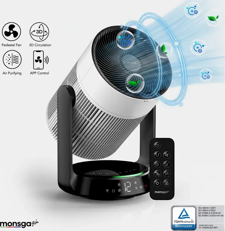 monsga 2-in-1 Smart-Luftreiniger & Luftzirkulationsventilator AP200, 360° omnidirektionale Oszillation, 280 m3/h CADR für Allergene & PM2.5, 25 dB ultra-leise, App-/Fernbedienung, ganzer Raum Kühlung & Klimaanlagen-Begleiter