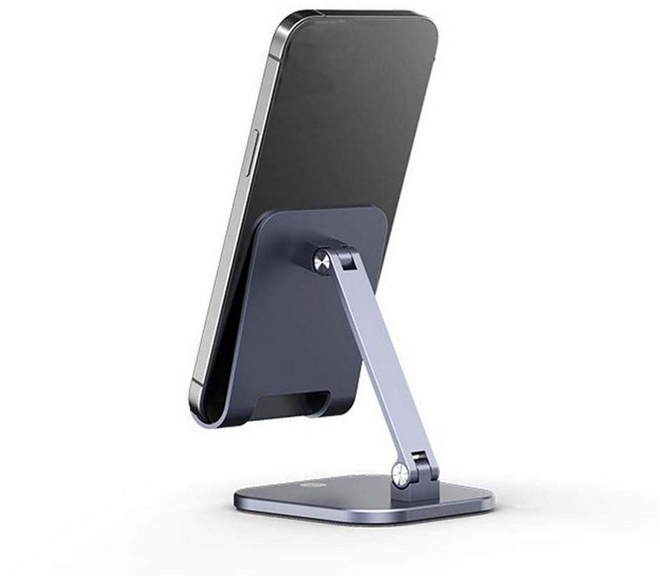 FIDDY Metallischer faltbarer Mini-Tischplatten-Tablet- und Handy-Ständer Smartphone-Halterung, (1-tlg., Verdicktes Metall, vierseitige Basis, verstärkte Stützstange) grau